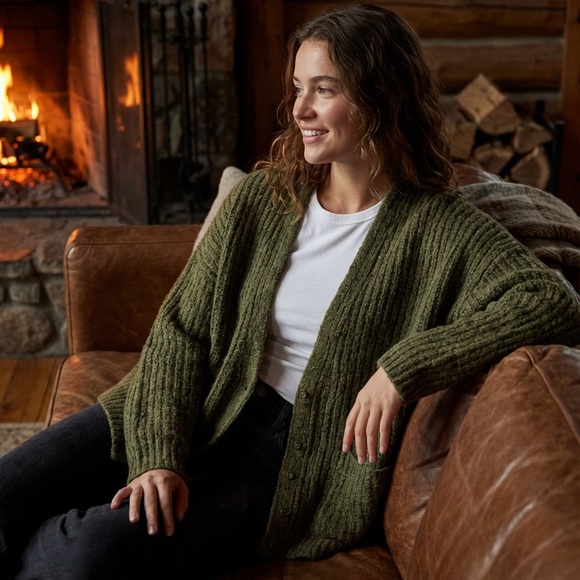 Free People Moss Green Chunky Knit Cardigan Size M NWT - Picture 8 of 14